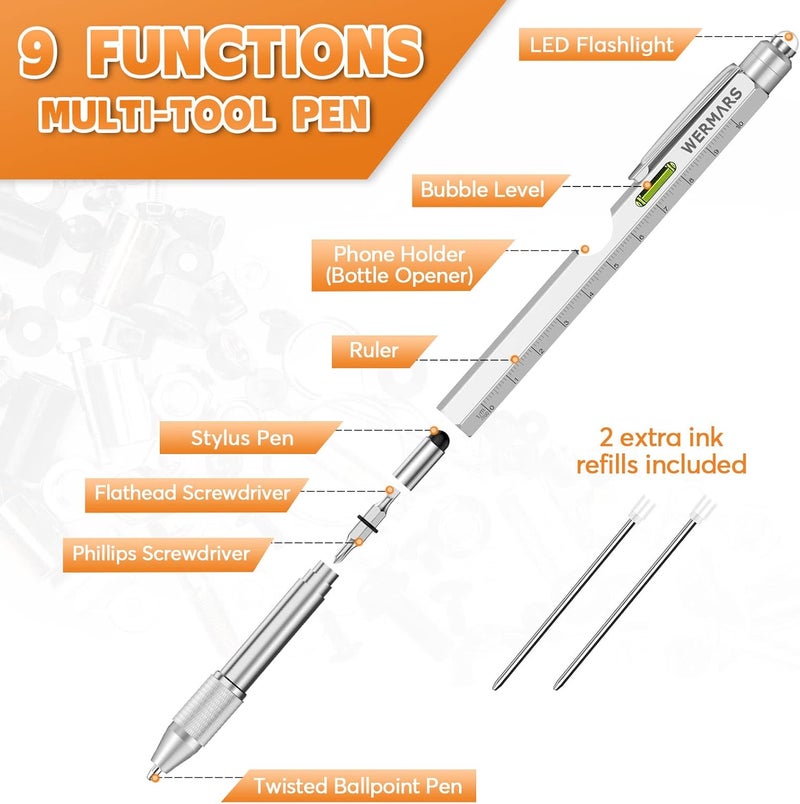 WERMARS Stocking Stuffers for Adults- Gifts for Men, 9 in 1 Multitool Pen, Christmas Gift for Dad, Gifts for Him, Tool Gifts for Dad from Kids, Gifts for Husband, Boyfriend, Grandpa(Silver) - Image 3